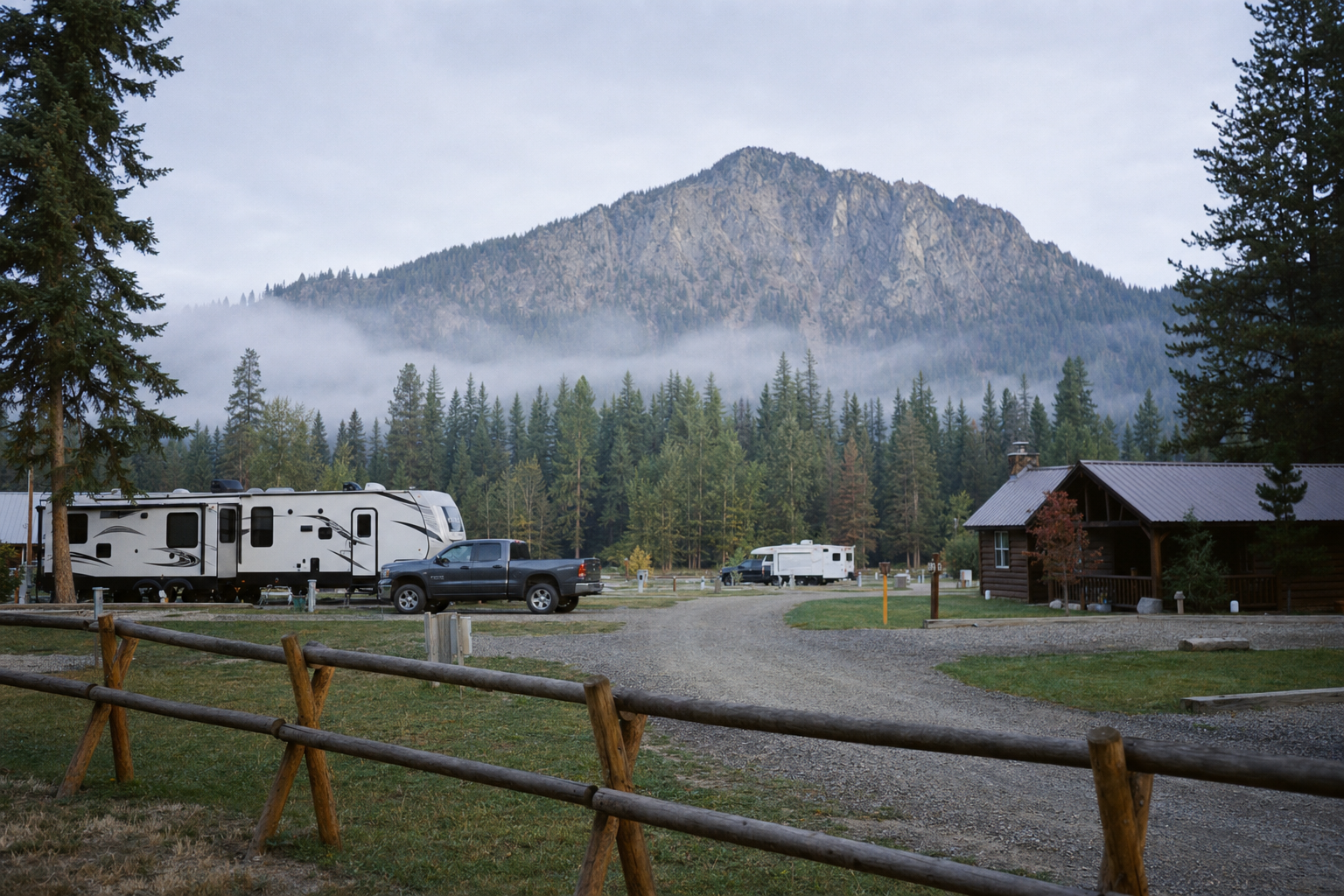 A small RV park at the foot of a granite ridge in northern Idaho, morning fog softening the conifer line, split-rail fence in foreground.