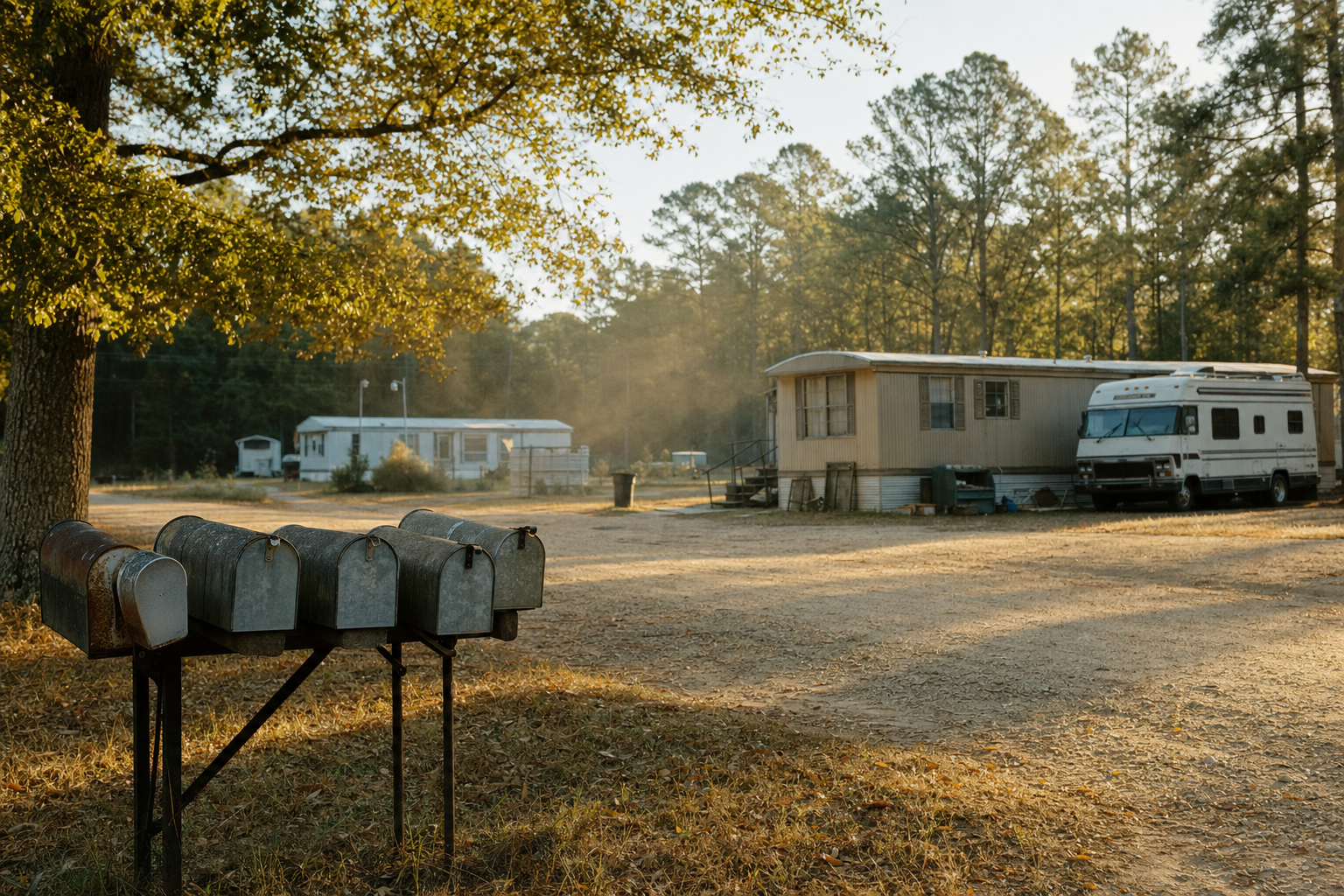A small mobile home park outside a Sunbelt town, late afternoon, dust hanging in golden side-light, mailbox cluster in foreground.